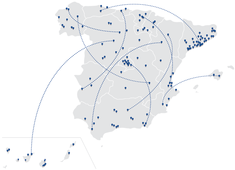 Mapa de España con las conexiones de la Clínica Online de Mutua Universal